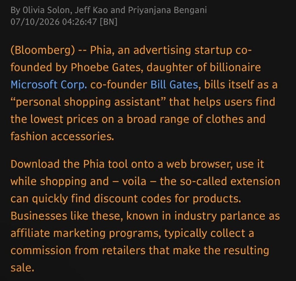 Bill Gates’ daughter exposed in Bloomberg article for fraud related to her AI-shopping company Phia. The company raised $35m from celebrities like Paris Hilton, Karlie Kloss, Ice Spice and Sydney Sweney Bill Gates’ daughter exposed in Bloomberg article for fraud related to her AI-shopping company Phia. The company raised $35m from celebrities like Paris Hilton, Karlie Kloss, Ice Spice and Sydney Sweney