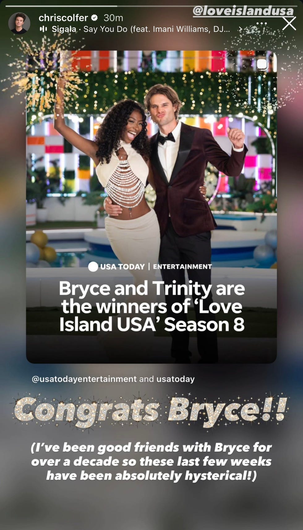 Bryce and Trinity celebrating as winners of 'Love Island USA' Season 8 with confetti in a vibrant outdoor setting. Bryce and Trinity celebrating as winners of 'Love Island USA' Season 8 with confetti in a vibrant outdoor setting.