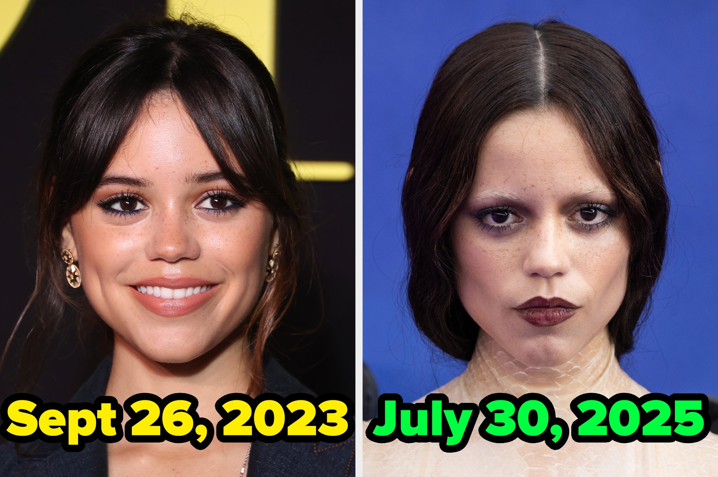Two side-by-side images showing a person smiling on the left and with a dramatic look on the right. Dates are shown below each image
