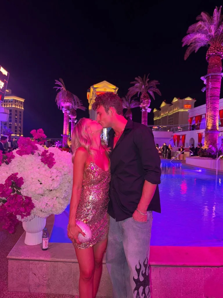 The couple, pictured here in June 2026, told People that Meyers was four months pregnant and they’d been dating for eight months total. James Kennedy/Instagram