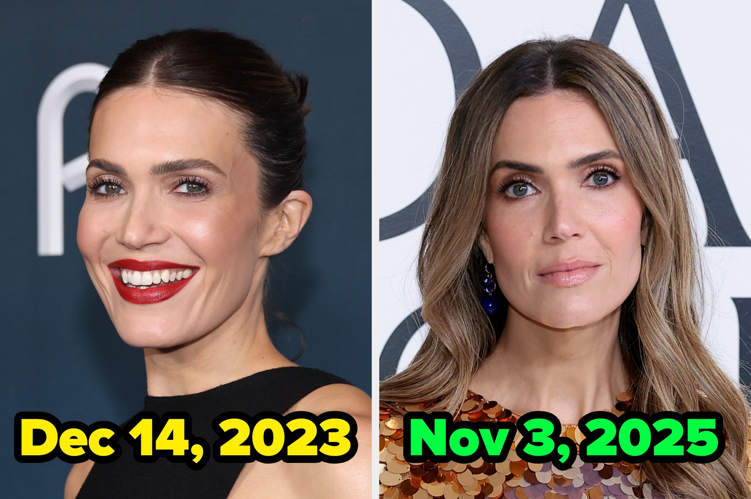 Two side-by-side photos of the same woman, smiling with different hairstyles dated Dec 14, 2023, and Nov 3, 2025
