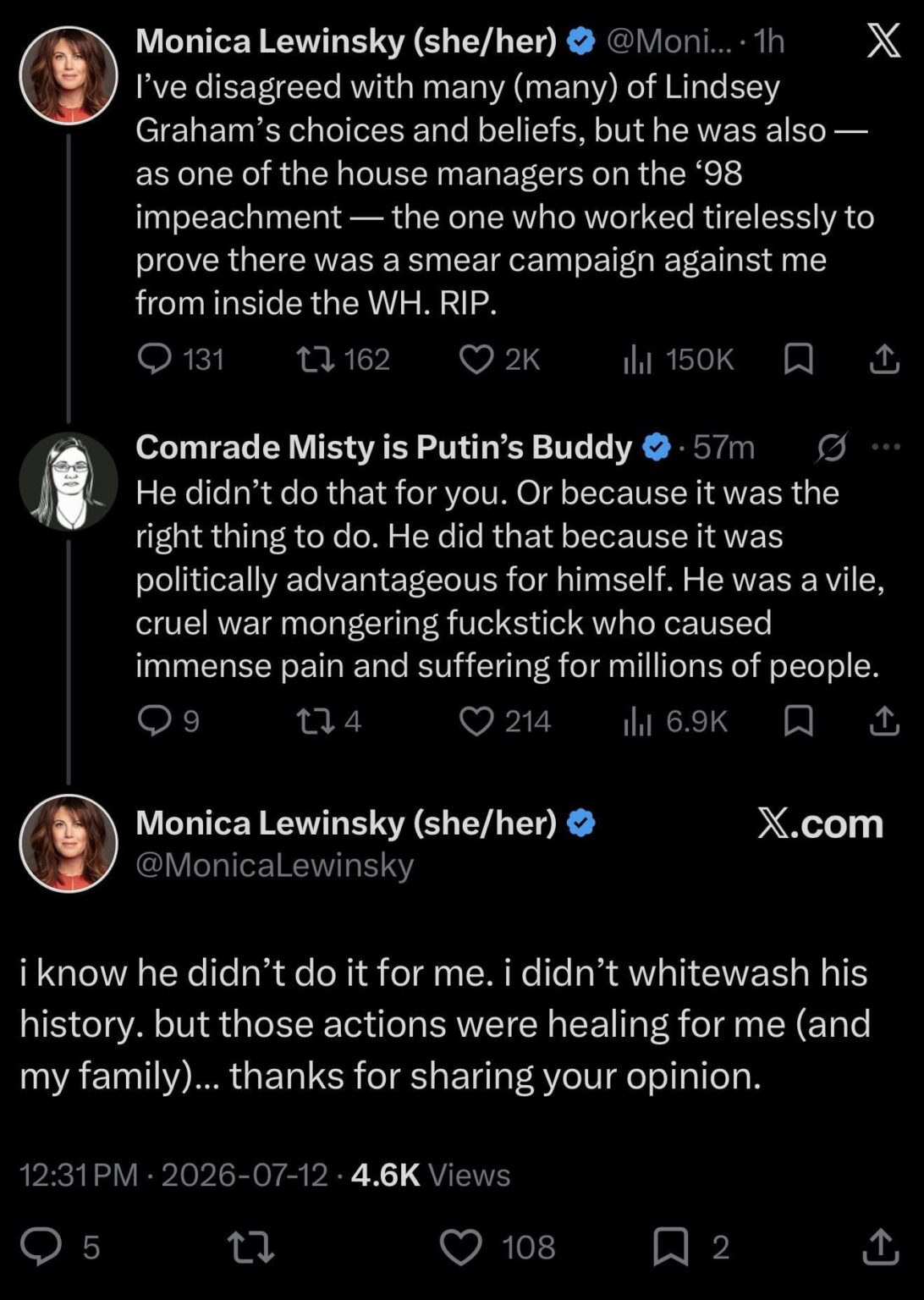 Monica Lewinsky posts about how Lindsey Graham’s work to prove there was a smear campaign against her from within the White House during the 1998 impeachment of Bill Clinton was healing for her and her family despite her disagreements with his “choices and beliefs”
