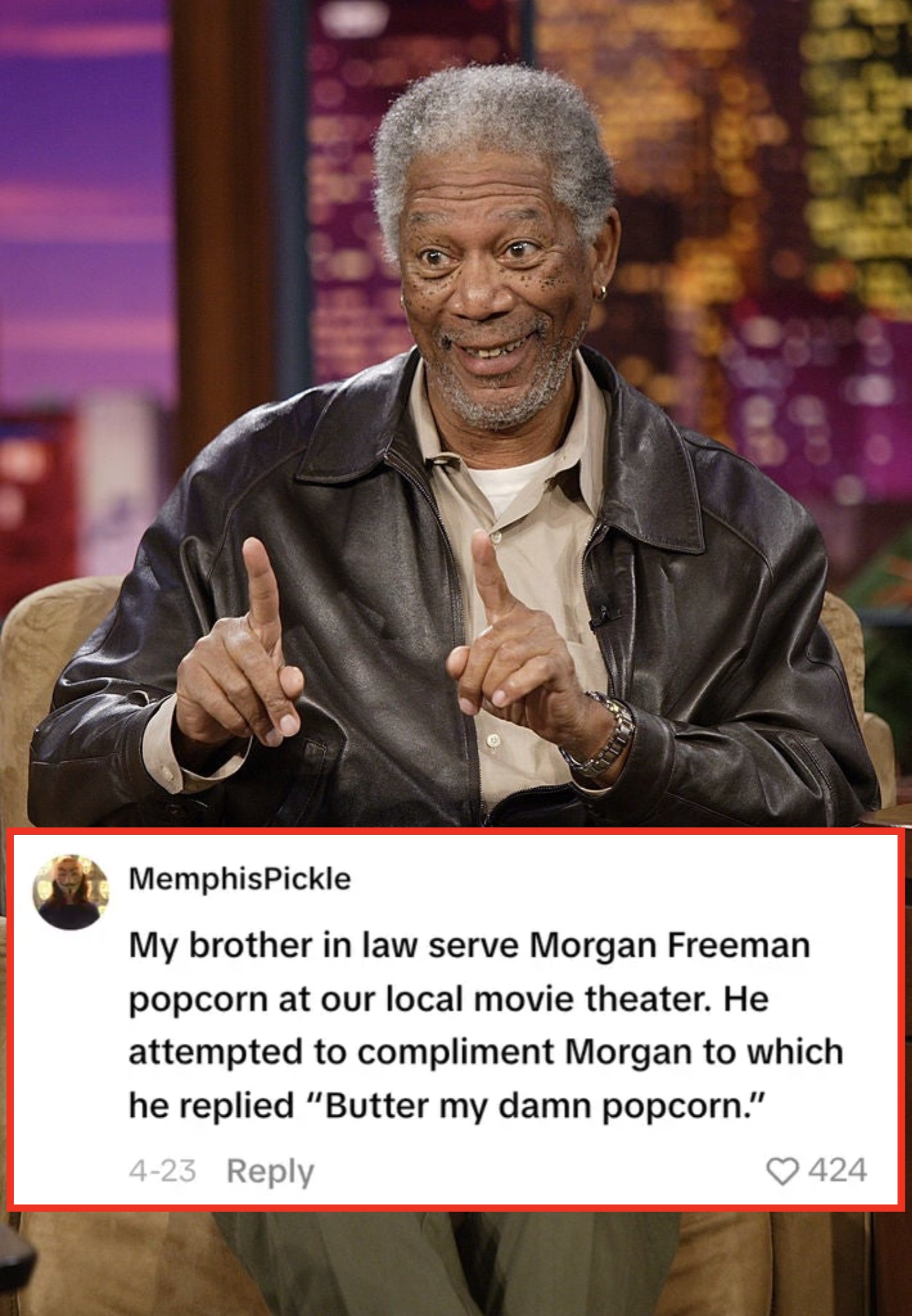 Person in a leather jacket and light shirt gesturing while seated on a talk show set