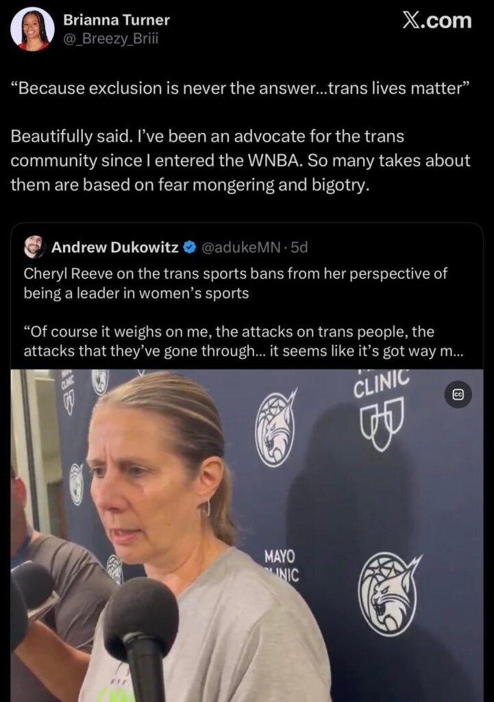 Brianna Turner who played for the Indiana Fever in 2025: “Last year on my WNBA team a male staff member was fired for sexual harassment, but we were encouraged to keep quiet about it. That is an issue. Sexism, misogyny, homophobia, and racism are all issues.”