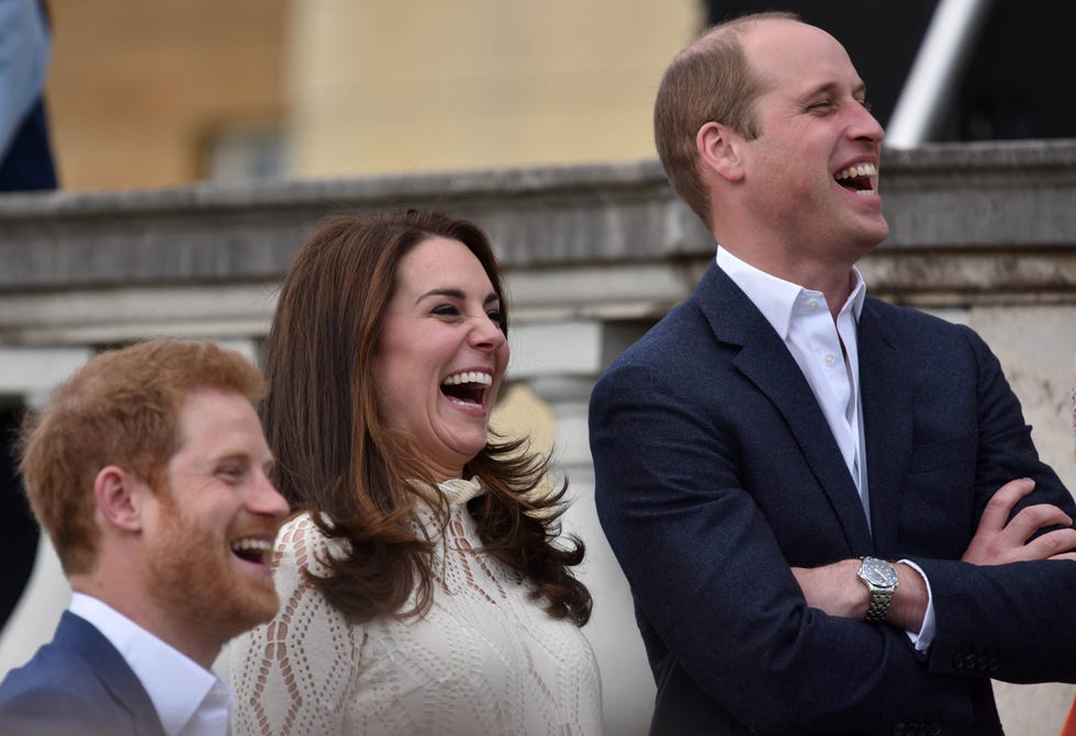 london, united kingdom may 13: prince harry, catherine, duchess of cambridge and prince william, duke of cambridge laugh as they host a tea party in the grounds of buckingham palace to honour the children of those who have died serving in the armed forces on may 13, 2017 in london, england. (photo by andrew parsons wpa pool/getty images)