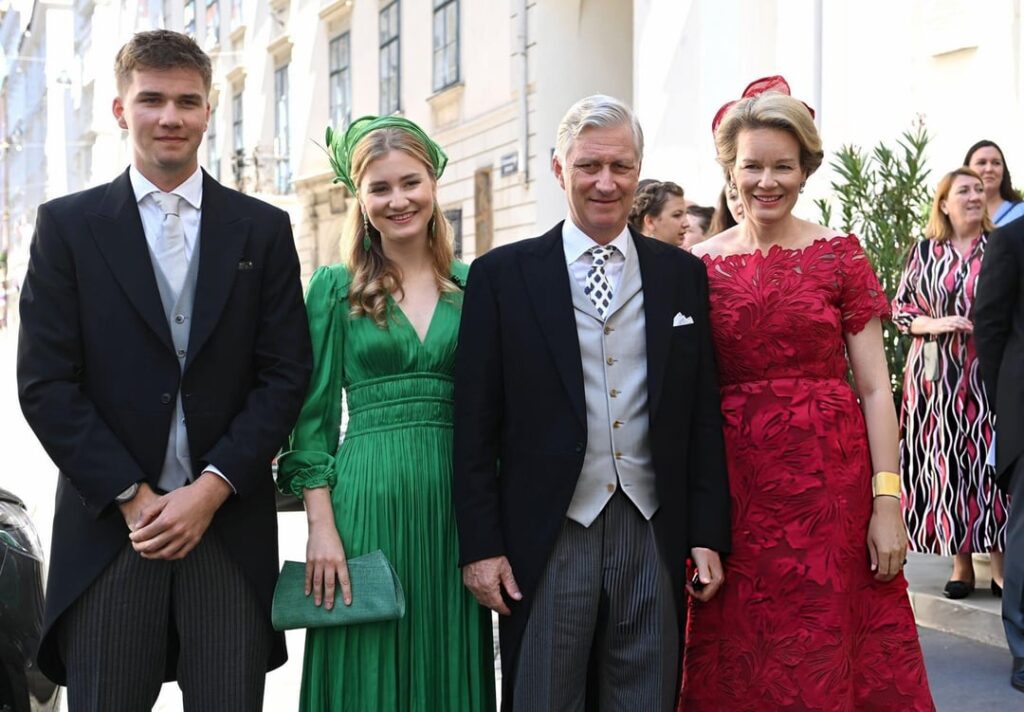 King Philippe, Queen Mathilde, Princess Elisabeth and Prince Gabriel attend the wedding of Isabel von Habsburg-Lothringen, Archduchess of Austria and Charles of Palacio Gaytán de Ayala