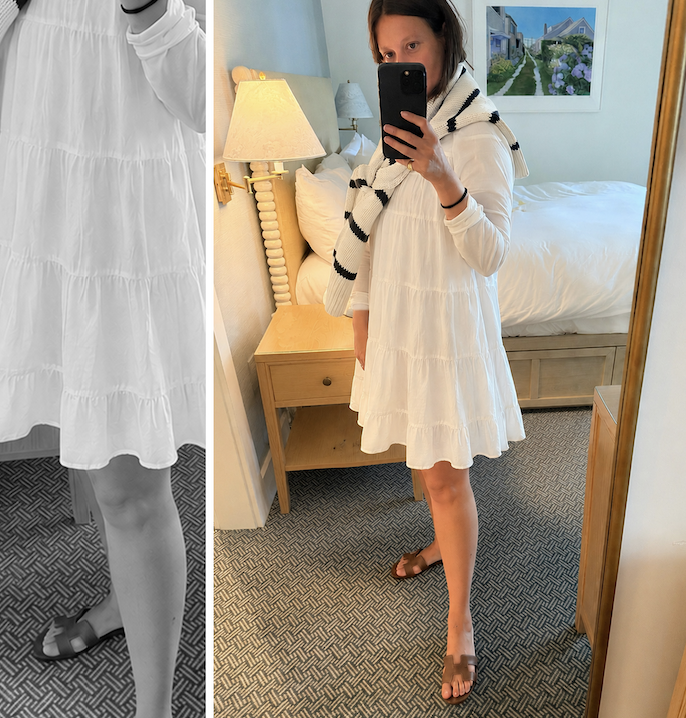 collage of Sara Holzman wearing the babydoll dress trend