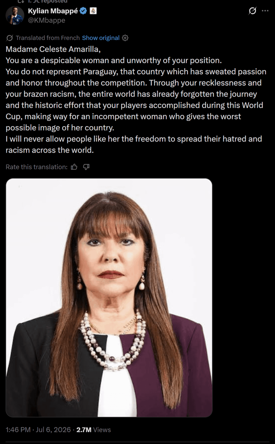 Kylian Mbappé responds to Paraguayan senator Celeste Amarilla after her racist attack against him where she said: “This brute hasn’t even learned to write. Instead of breastmilk, he grew up sucking on coconuts, and the most educated creatures he ever heard were chimpanzees” Kylian Mbappé responds to Paraguayan senator Celeste Amarilla after her racist attack against him where she said: "This brute hasn't even learned to write. Instead of breastmilk, he grew up sucking on coconuts, and the most educated creatures he ever heard were chimpanzees"