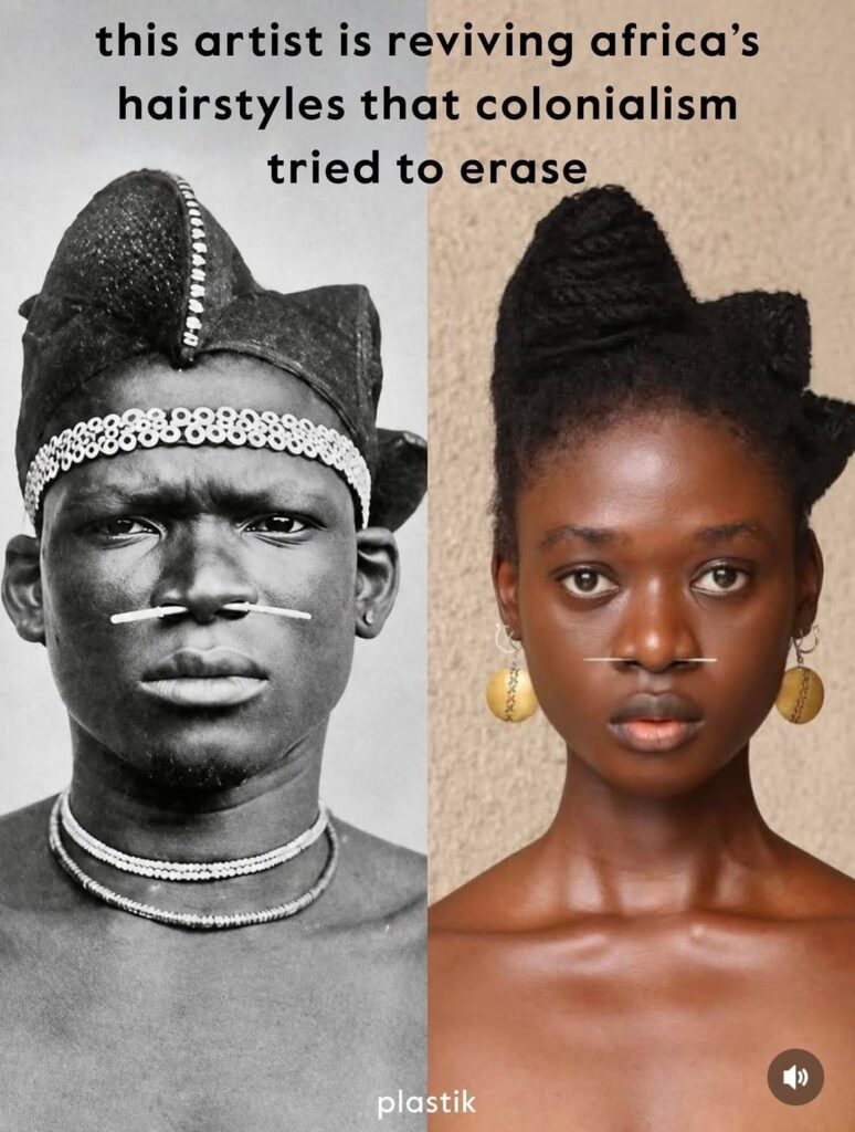 Inspired by archival photographs of pre colonial African hairstyles, Ivorian artist Laetitia Ky recreates these historical forms using her own hair, transforming them into contemporary sculptures.