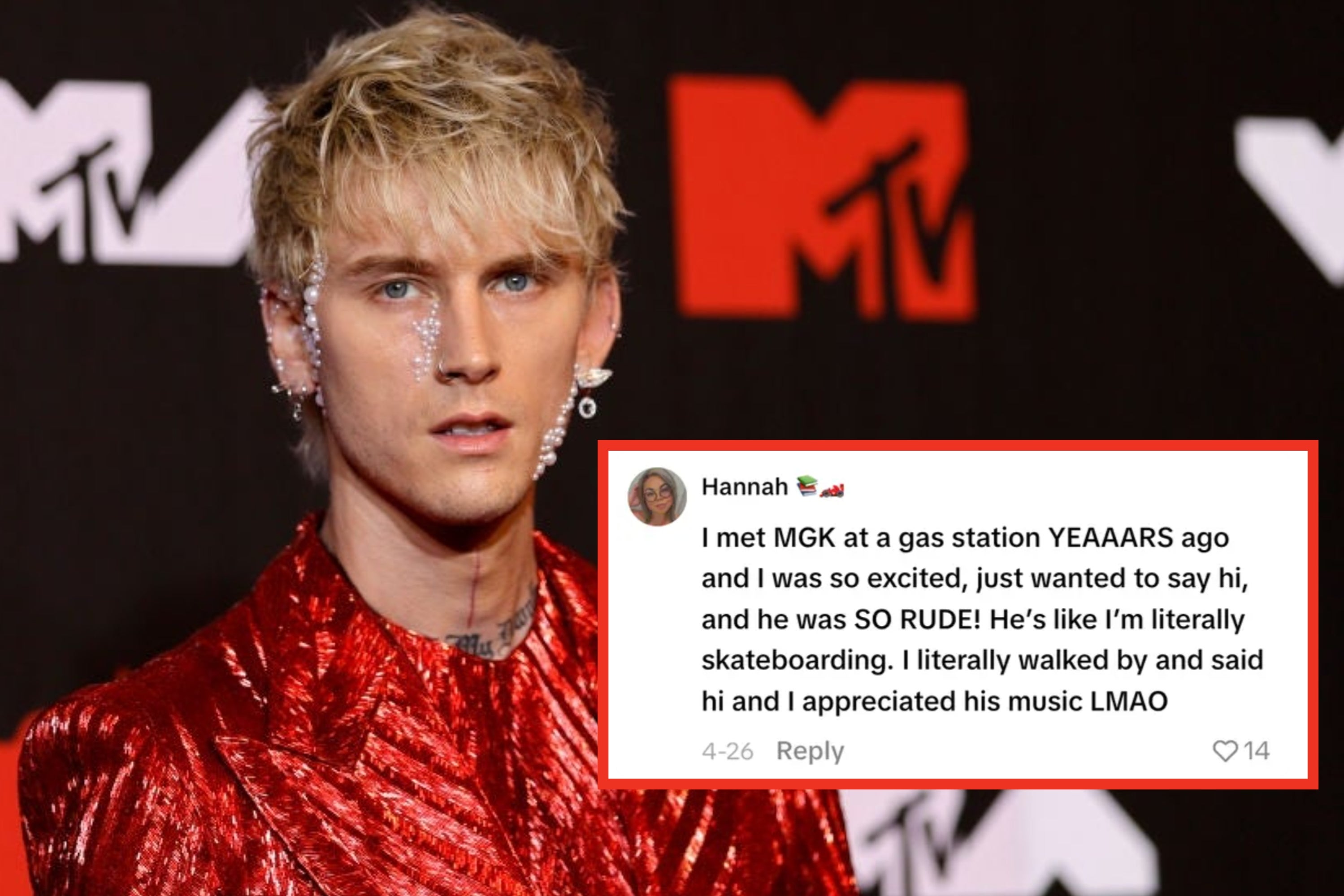 Person in a shiny textured suit with jewelry on the red carpet at an MTV event
