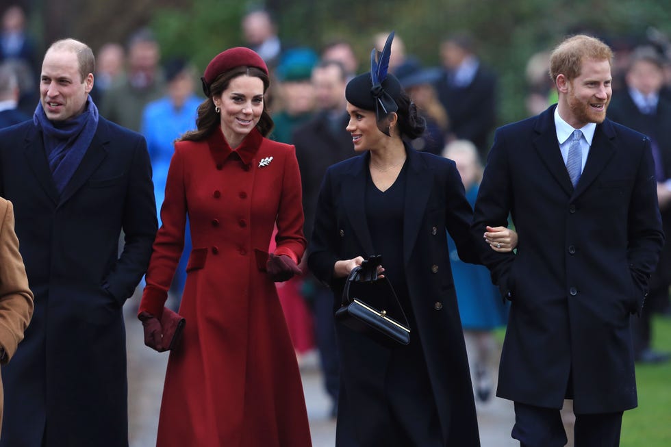 kings lynn, england december 25: (l r) prince william, duke of cambridge, catherine, duchess of cambridge, meghan, duchess of sussex and prince harry, duke of sussex arrive to attend christmas day church service at church of st mary magdalene on the sandringham estate on december 25, 2018 in kings lynn, england. (photo by stephen pond/getty images)