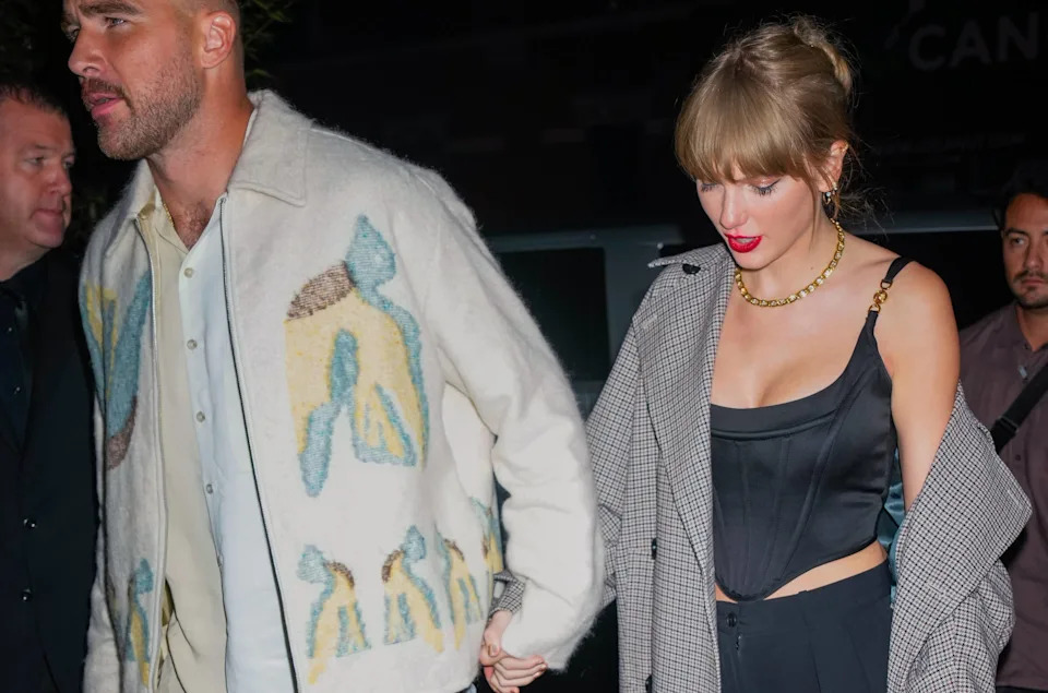 NEW YORK, NY - OCTOBER 15: Travis Kelce and Taylor Swift are seen leaving the SNL after party on October 15, 2023 in New York, New York. (Photo by MEGA/GC Images)MEGA/Getty Images
