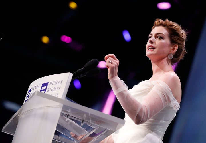 Hathaway speaks at the 22nd annual Human Rights Campaign National Dinner in 2018 in Washington, D.C.