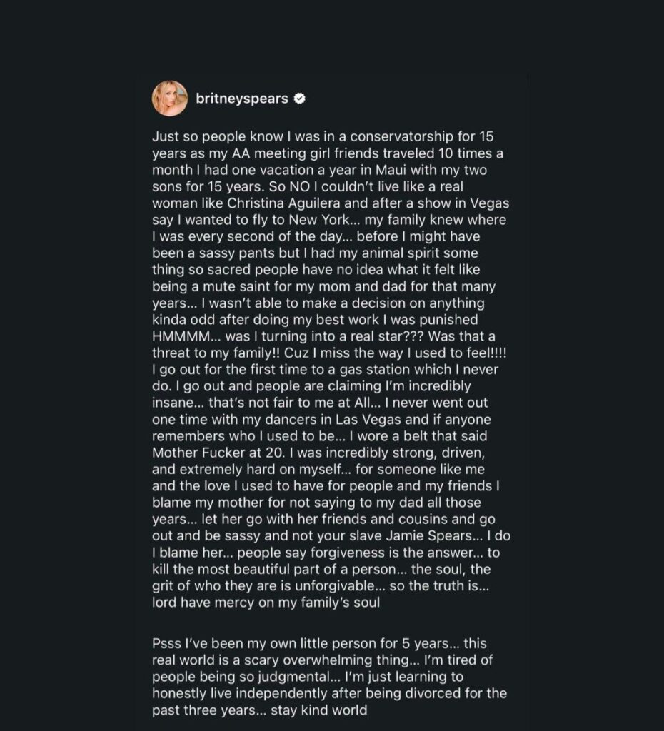 Britney Spears opened up on Instagram, citing Christina Aguilera as an example of freedom, and said she would have liked to have had the same autonomy during the period she was under conservatorship