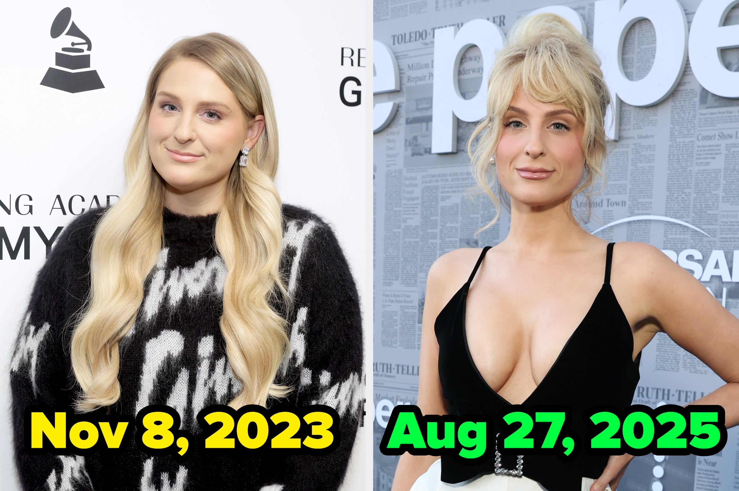 Two side-by-side images of a woman. Left: Long-sleeve patterned sweater. Right: Sleeveless dress with a low neckline. Dates below each image