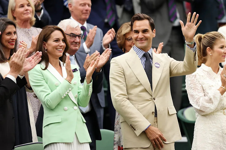 Princess Kate and former Wimbledon champion Roger Federer in the Royal Box at Wimbledon 2023.Credit: Clive Brunskill/Getty Images