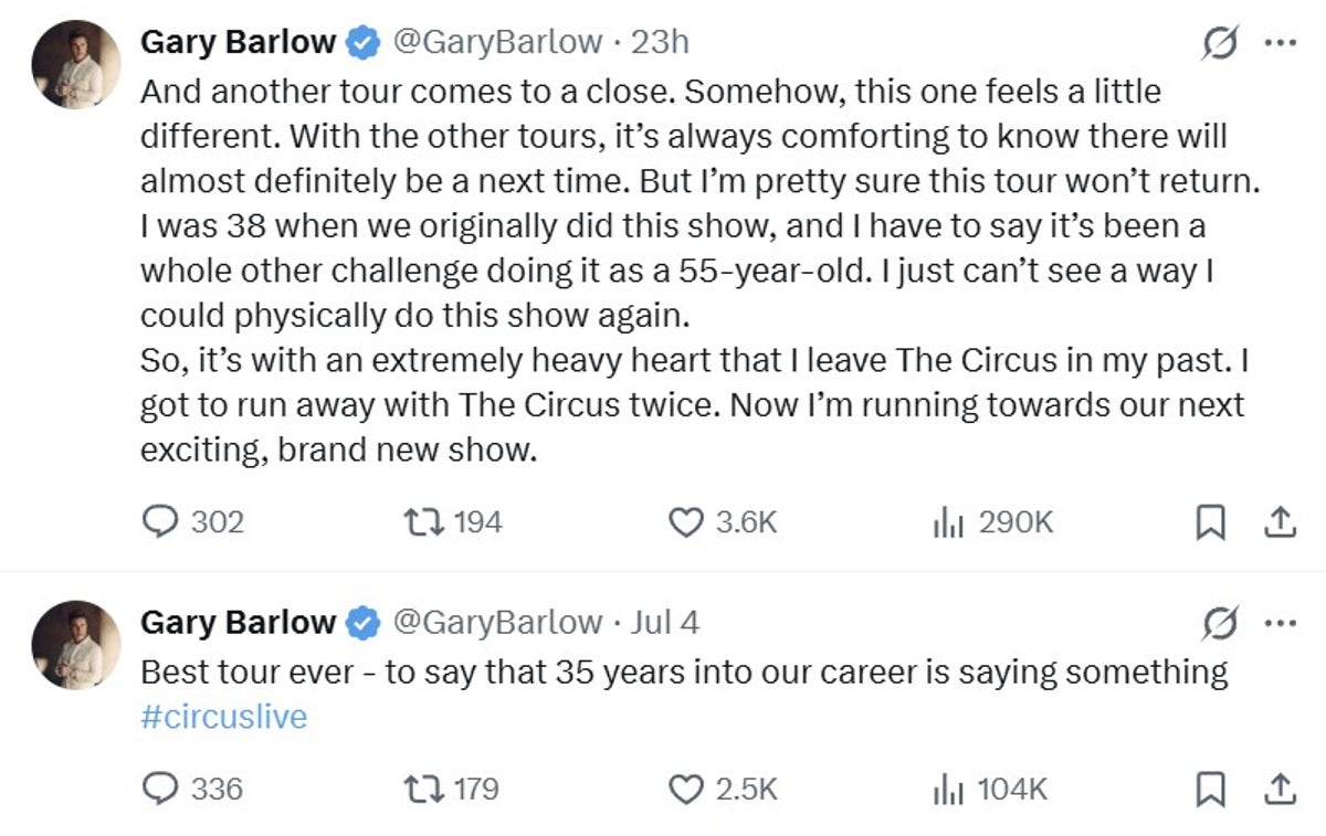 Barlow announced on X that he is done touring Take That’s Circus Live (@GaryBarlow/X)