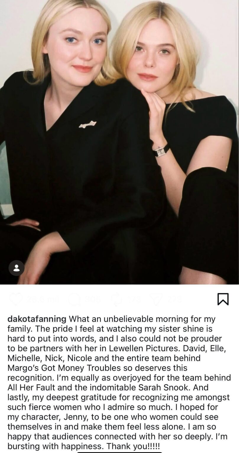 Dakota Fanning celebrates both her and sister Elle's Emmy nominations