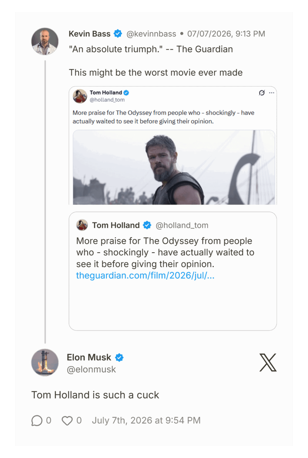Elon calls Tom Holland a cuck for no reason.