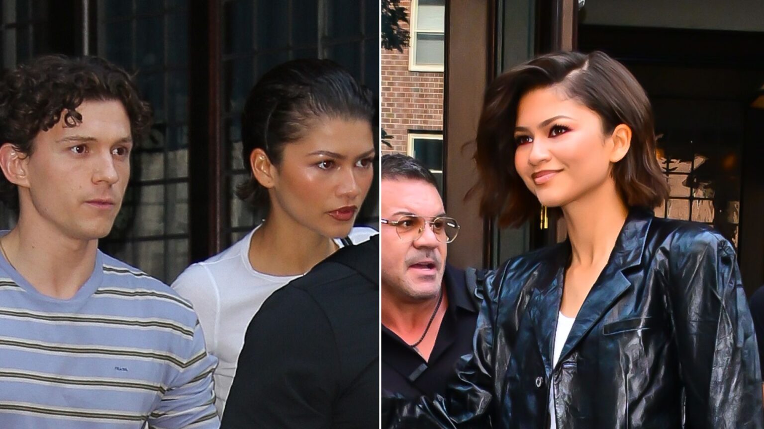 Zendaya Delivers a Masterclass in Styling Summer White Linen Zendaya wears a white T-shirt and linen pants and has slicked back short hair while holding hands with Tom Holland, and she wears a black leather jacket