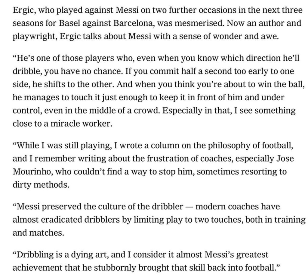 What’s it like to play against Lionel Messi, the greatest footballer of all time? (The Athletic )