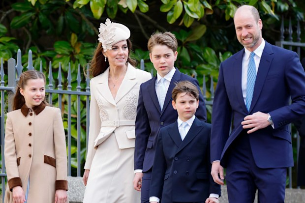 Princess Charlotte of Wales, Catherine, Princess of Wales, Prince George of Wales, Prince Louis of Wales, and Prince William, Prince of Wales attend the traditional Easter Sunday Mattins Service at St George's Chapel, Windsor Castle on April 5, 2026 in Windsor, England. (Photo by Max Mumby/Indigo/Getty Images)