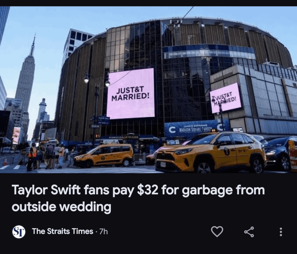 Taylor Swift fans are buying literal street trash collected outside her wedding venue for $25 a piece. Following Taylor Swift and Travis Kelce’s wedding at Madison Square Garden on July 3, NYC artist Justin Gignac decided to collect the litter left behind right outside the security barriers. Taylor Swift fans are buying literal street trash collected outside her wedding venue for $25 a piece. Following Taylor Swift and Travis Kelce's wedding at Madison Square Garden on July 3, NYC artist Justin Gignac decided to collect the litter left behind right outside the security barriers.