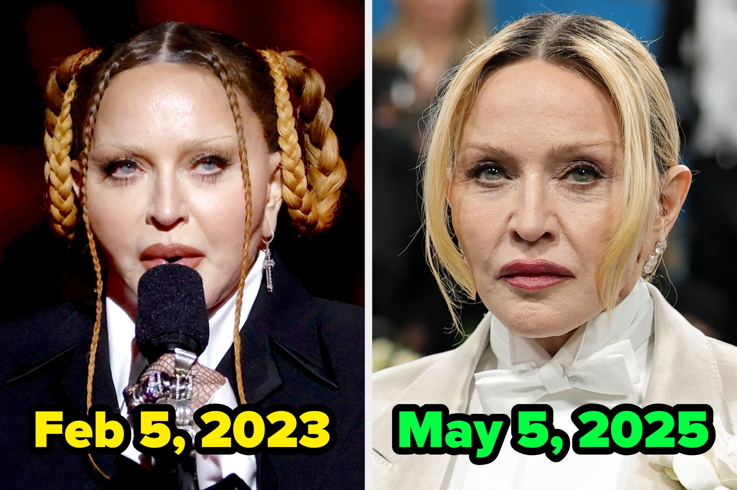 Two images compare a woman's appearance at events from Feb 5, 2023, to May 5, 2025, highlighting changes in hairstyle and makeup