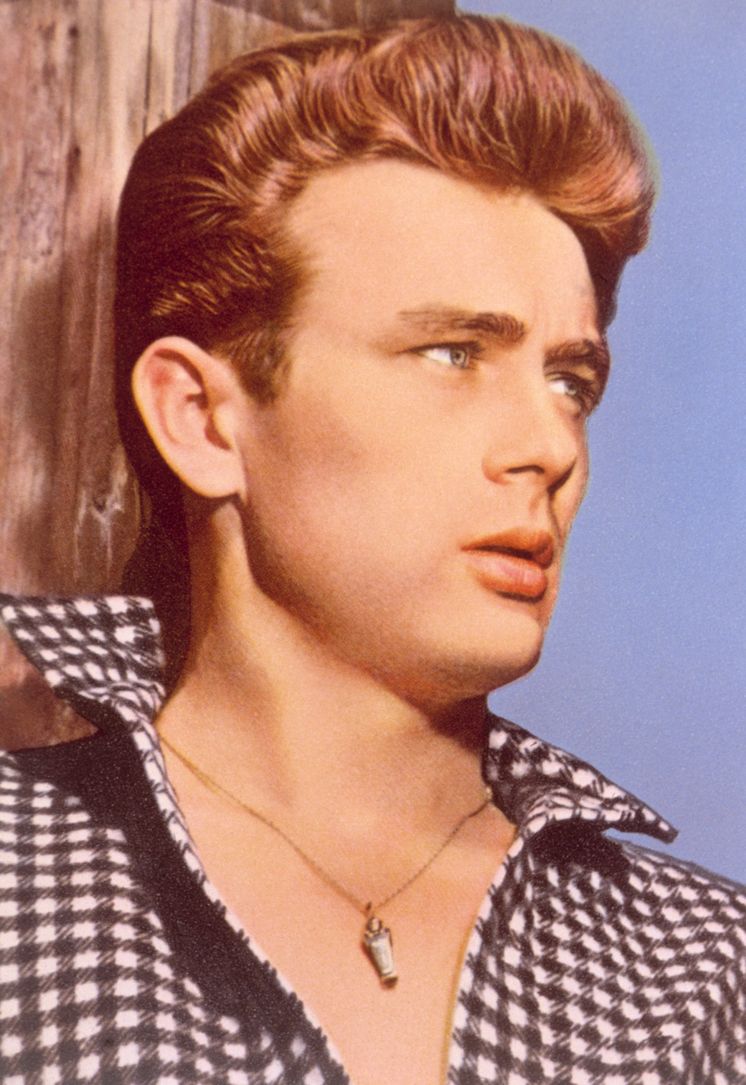 James Dean with styled hair wearing a checkered shirt open at the collar and a pendant necklace, gazing thoughtfully into the distance