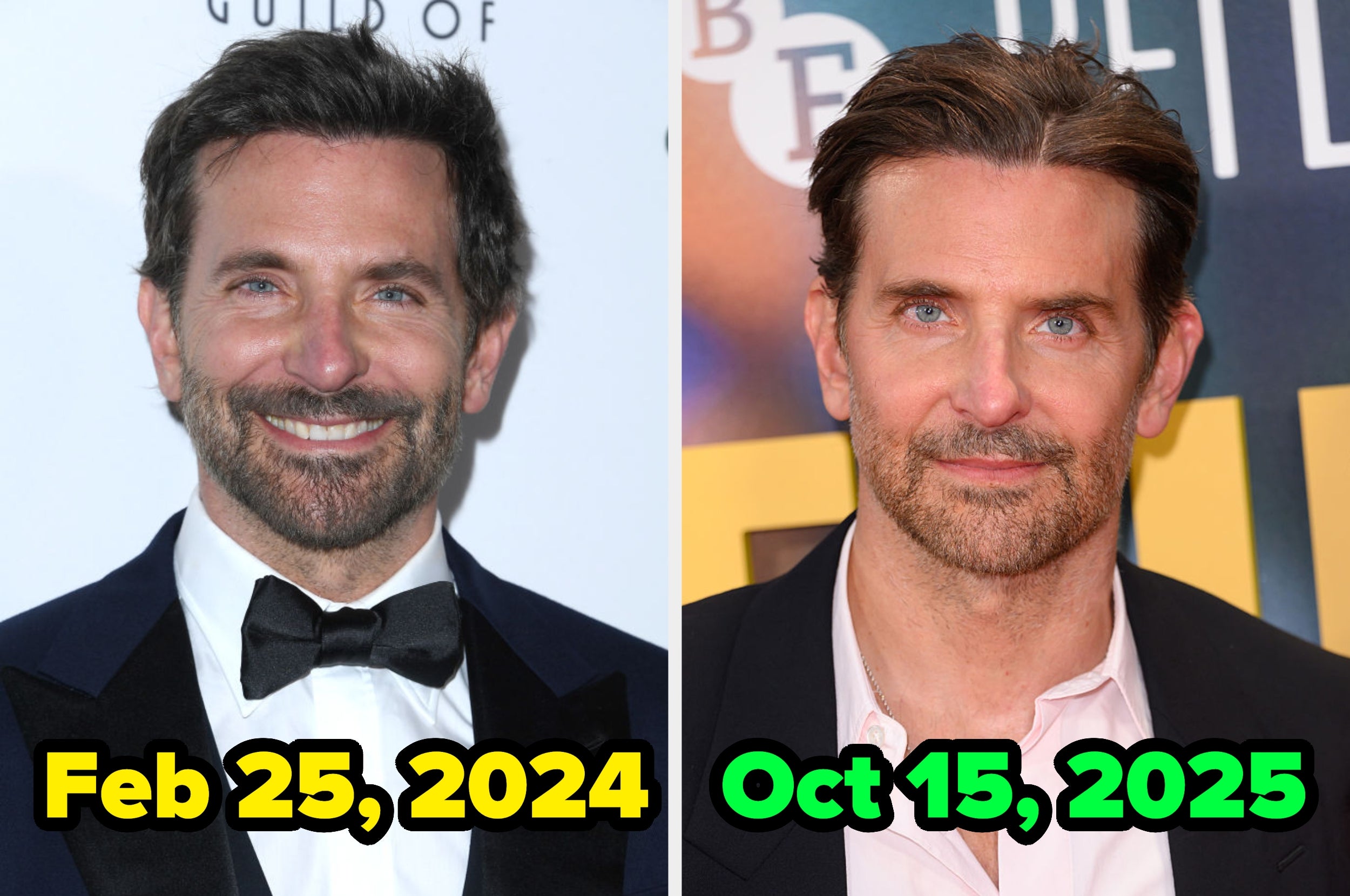 Two images of the same man at events. In 2024, he's in a tuxedo; in 2025, he's wearing a suit with an open collar shirt