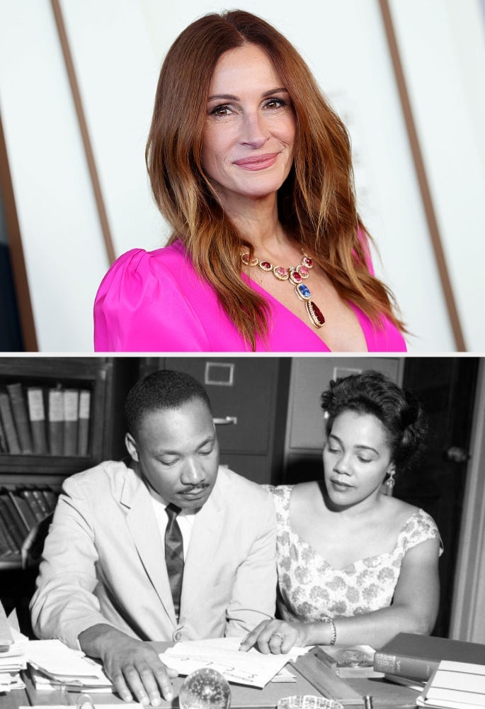 Julia Roberts in 2025; Martin Luther King Jr. and Coretta Scott King in 1962