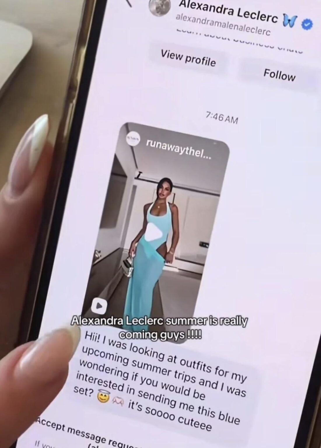 A DM from Alexandra Leclerc (wife of F1 driver Charles Leclerc) asking for a free outfit was posted by an employee of small Australian brand, Runaway The Label A DM from Alexandra Leclerc (wife of F1 driver Charles Leclerc) asking for a free outfit was posted by an employee of small Australian brand, Runaway The Label