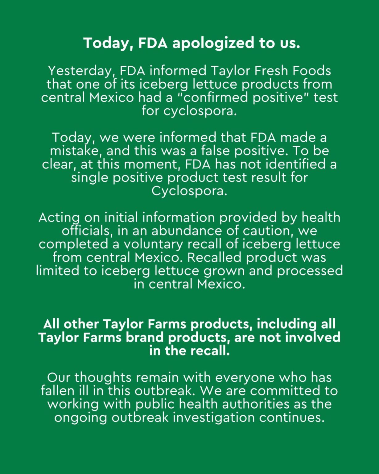 Taylor Farms releases another statement after the FDA tested a sample of their lettuce that had tested positive for cyclospora