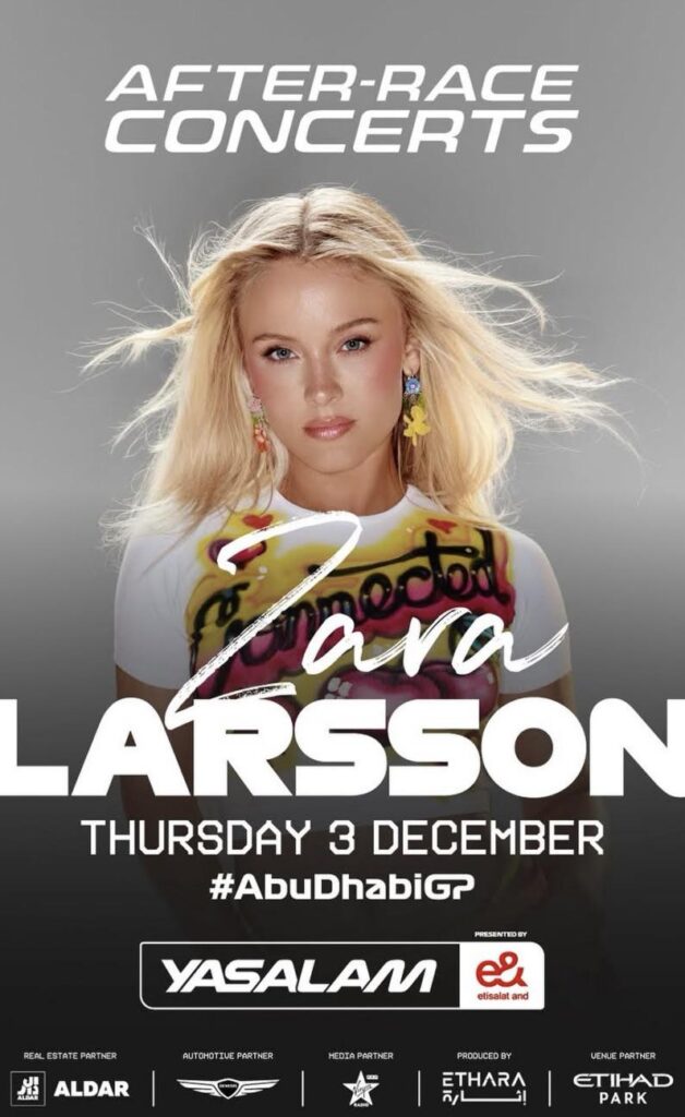 Zara Larsson is going to perform in Abu Dhabi for Formula 1