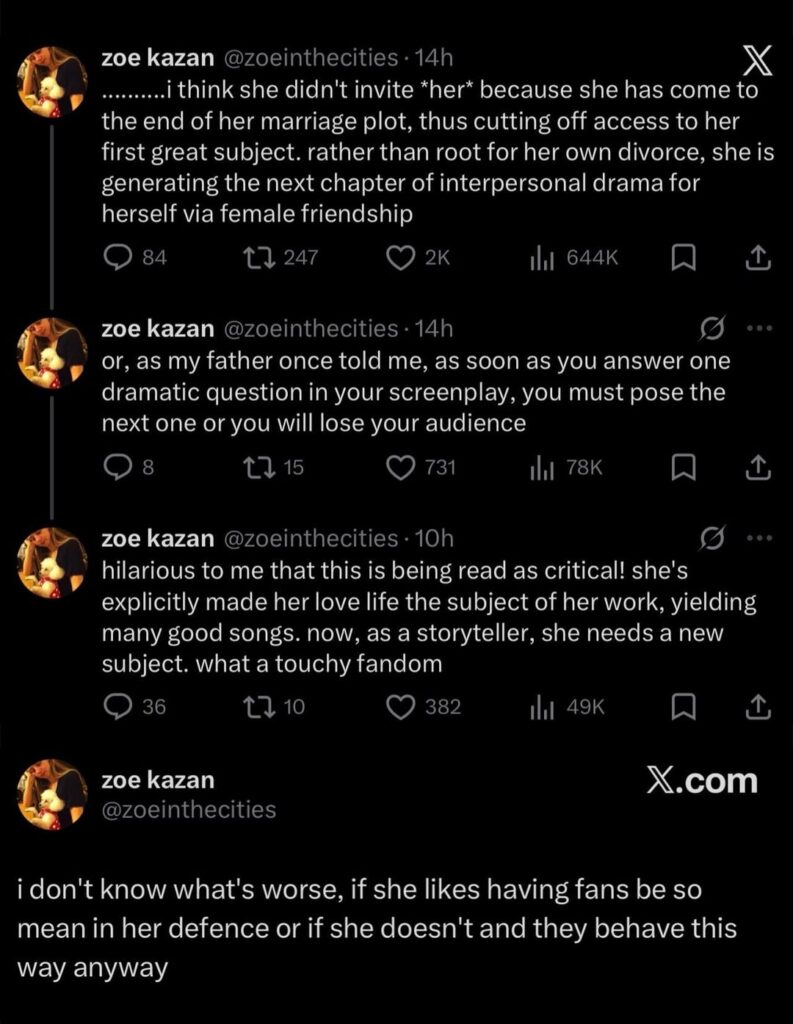 After receiving harassing comments from Taylor Swift fans, Zoe Kazan says “i don't know what's worse, if she likes having fans be so mean in her defence or if she doesn't and they behave this way anyway”