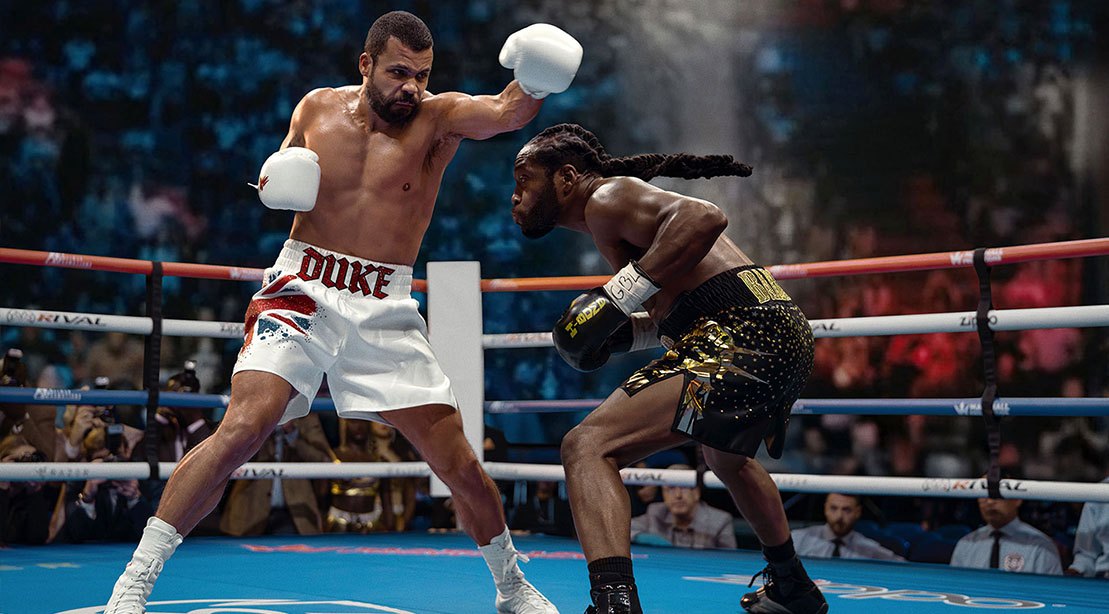 Actor Howard Charles throwing a left hook at his opponent as Maduka Kilroy in the Starz Fightland