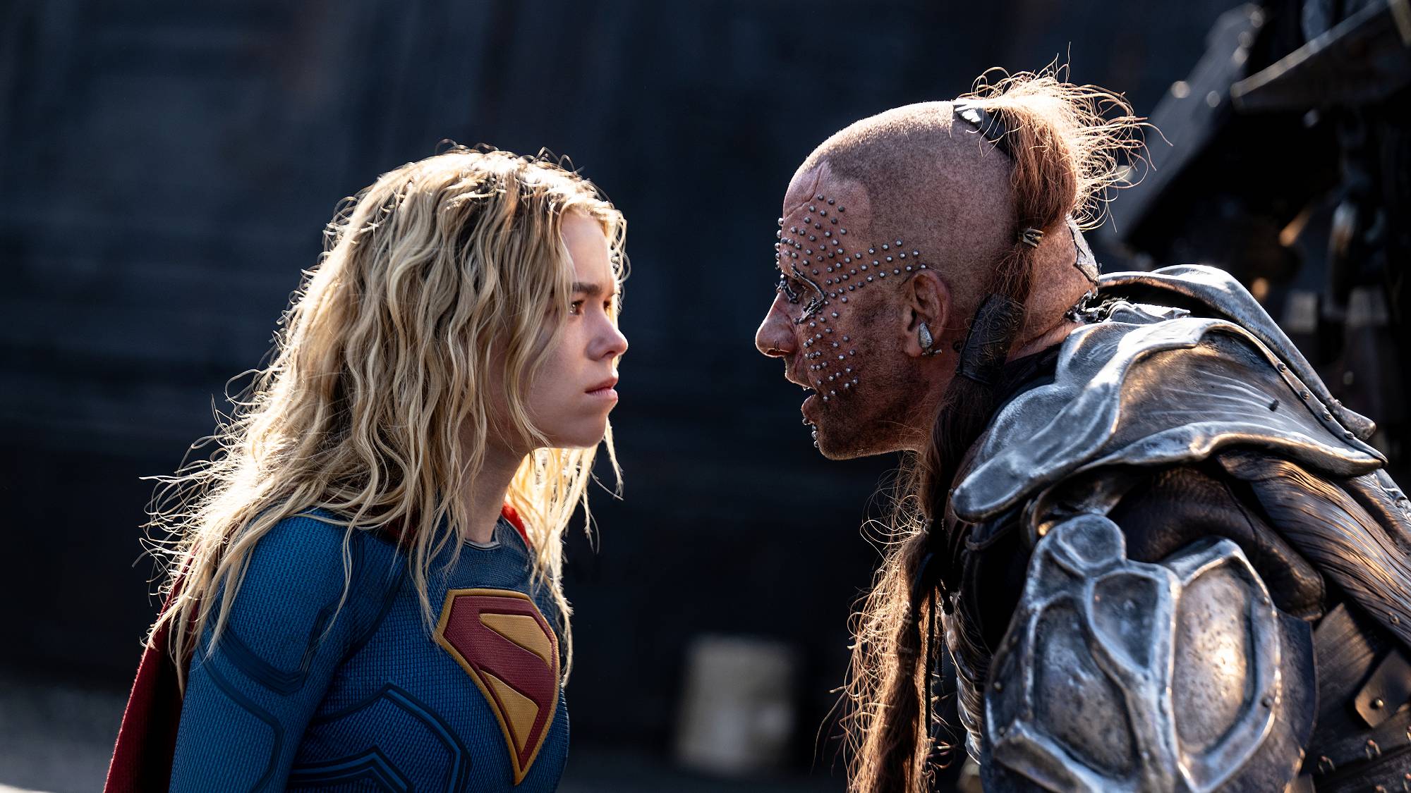 Milly Alcock as Kara Zor-El / Supergirl and Matthias Schoenaerts as Krem in "Supergirl" movie (2026)