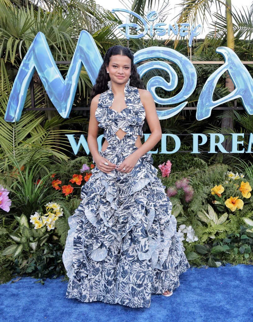 Catherine Laga'aia wearing a custom Cult Gaia gown at Disney's Moana world premiere at the Hollywood Bowl.