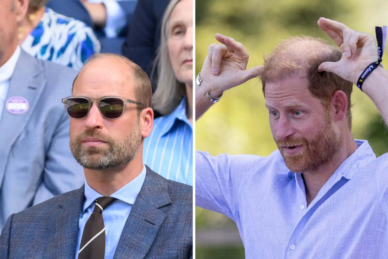 Prince William, left, watches the men's singles final at the 2026 Wimbledon Tennis Championships, on July 12, while Prince Harry takes part in a goat yoga exercise at Scotty's Summer Festival at Maxstoke Castle, Birmingham, on July 11, 2026.