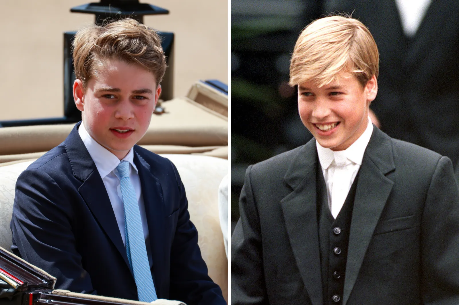 (L) Prince George at the Trooping the Color ceremony taking place on June 13, 2026 in London. (R) Prince William leads his classmates to lessons on his first day at Eton School on September 7, 1995.