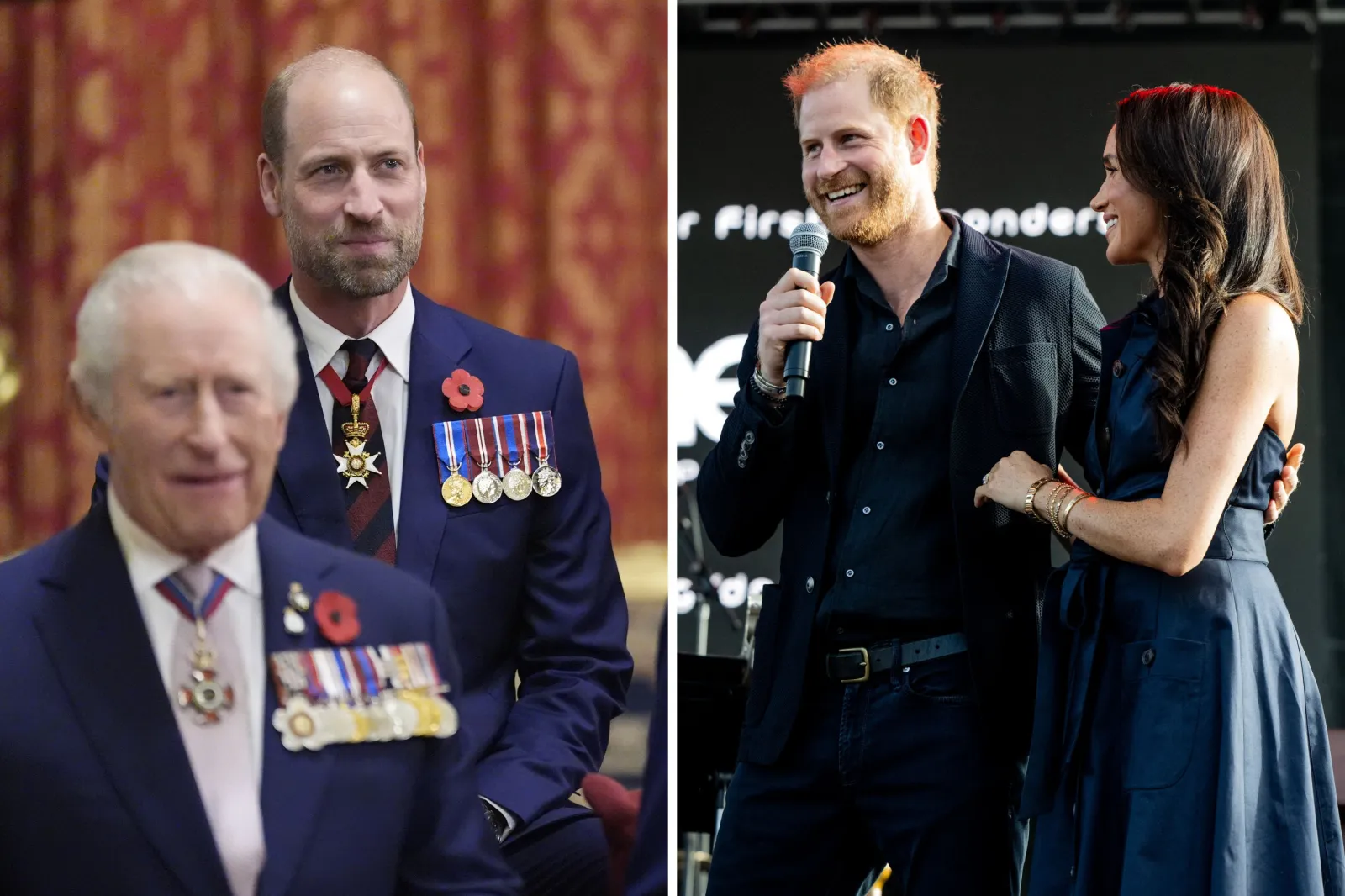 Left: Prince William and King Charles III wearing medals at a VJ Day 80th Anniversary Reception at Windsor Castle, on November 11, 2025. Right: Prince Harry and Meghan Markle on stage at the One805LIVE! 2025 concert for first responders, in Carpinteria, California, on September 20, 2025.
