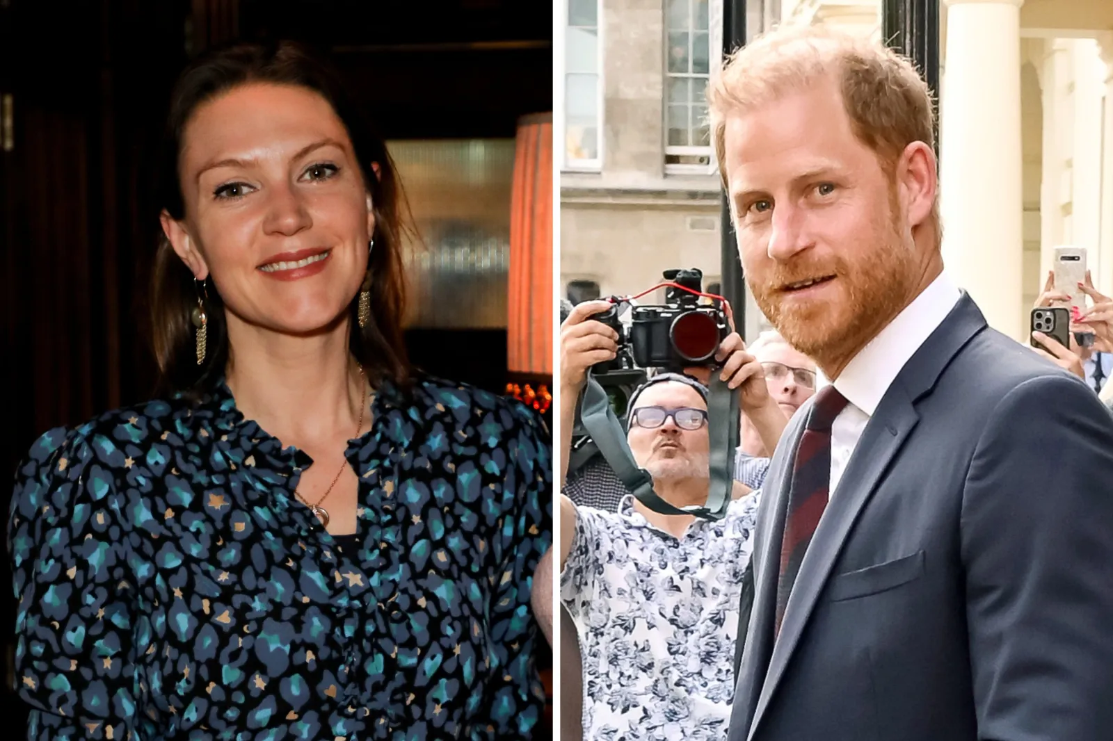 Left, Charlotte Griffiths, editor-at-large of The Mail on Sunday, is seen at Gymkhana London on March 9, 2022. Right, Prince Harry leaves Chatham House in London on July 7, 2026, the same day he lost a lawsuit against the Mail.
