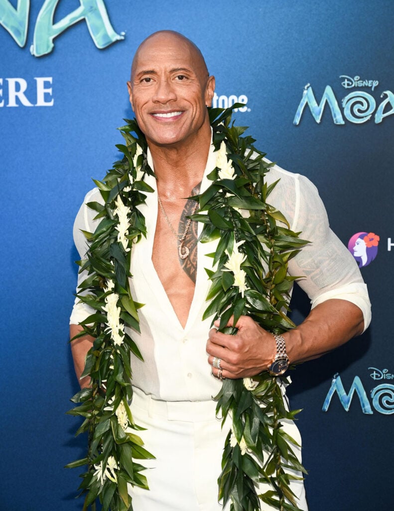 Dwayne Johnson wearing a Jacob & Co. Matai Tourbillon watch and traditional lei at Disney's Moana premiere.