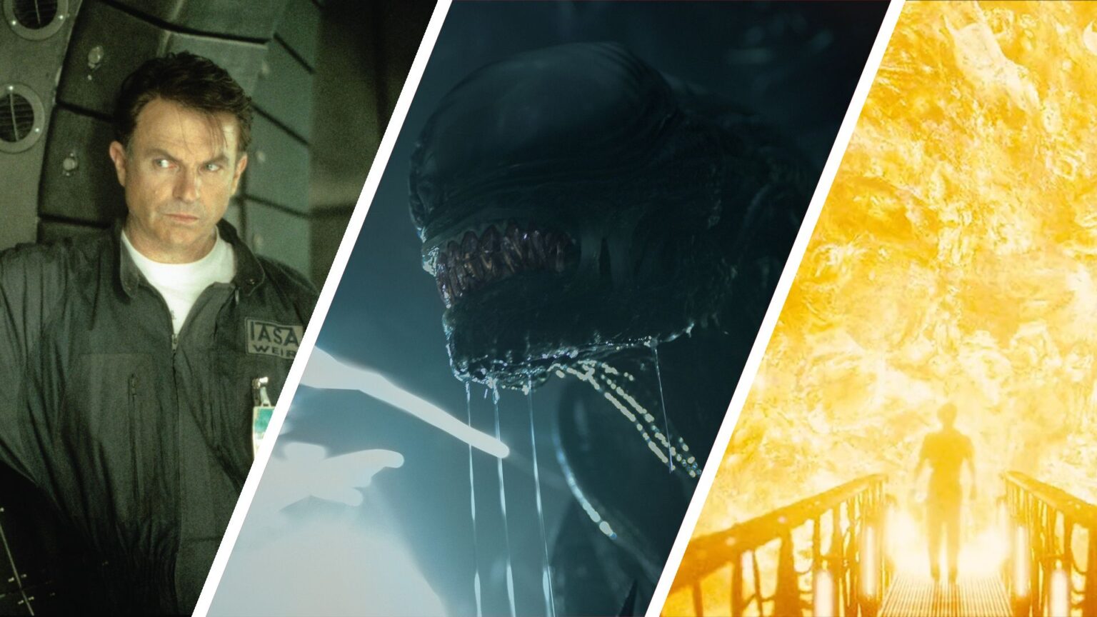 Split image showing three space horror movies: Event Horizon, Alien: Romulus, and Sunshine