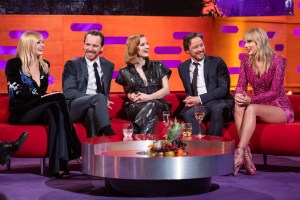 (left to right) Sophie Turner, Michael Fassbender, Jessica Chastain, James McAvoy and Taylor Swift during the filming of the Graham Norton Show at BBC Studioworks 6, Television Centre, Wood Lane, London, to be aired on BBC One on Friday evening. (Photo by Matt Crossick/PA Images via Getty Images)