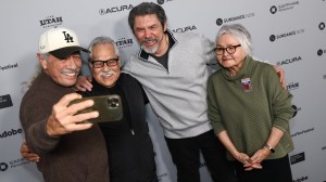 Edward James Olmos, Luis Valdez,  Lou Diamond Phillips and Lupe Valdez attend 'American Pachuco: The Legend Of Luis Valdez' Premiere during the 2026 Sundance Film Festival at The Yarrow Theatre on January 22, 2026 in Park City, Utah.