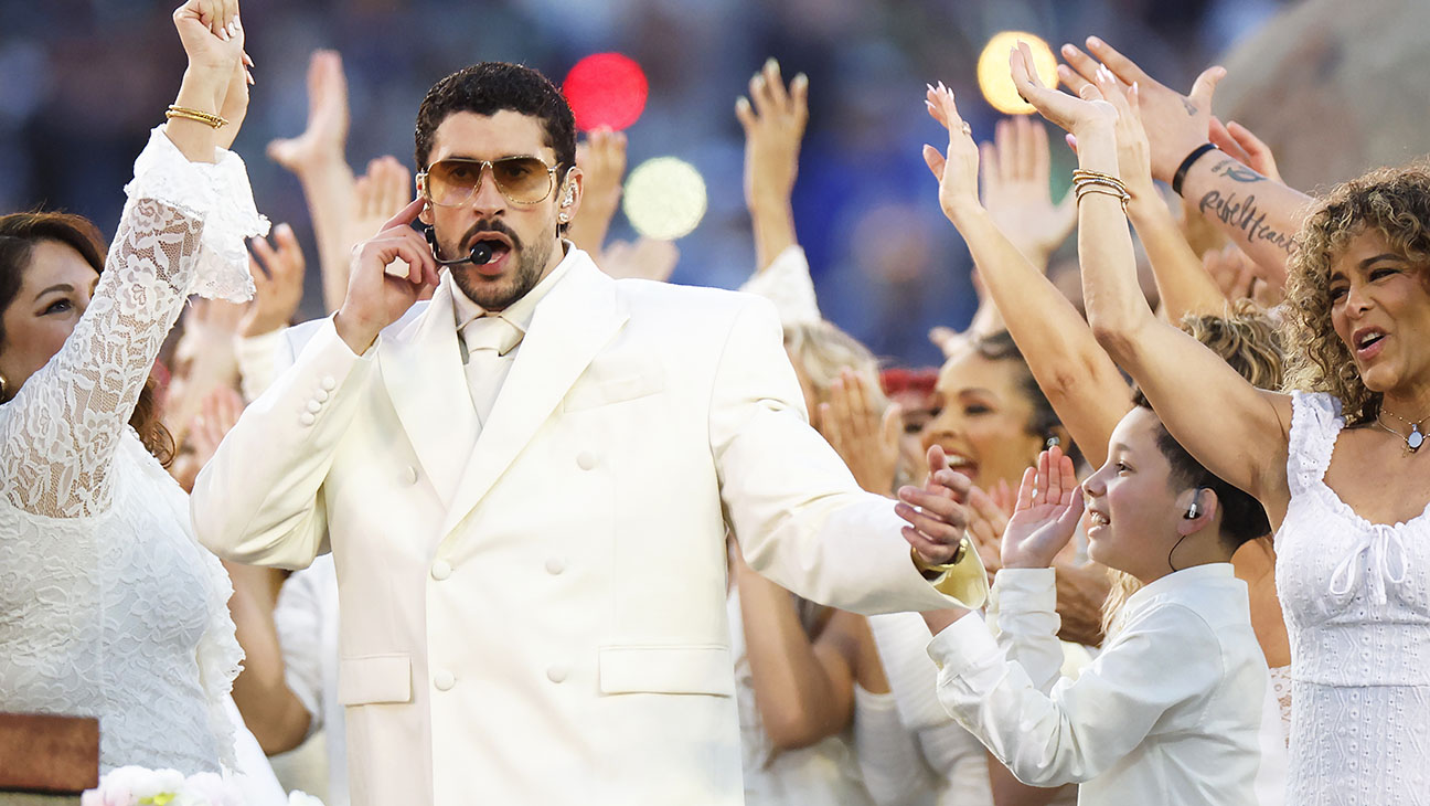 Bad Bunny performs during the Halftime Show of Super Bowl LX between the Seattle Seahawks and New England Patriots in Santa Clara, California, on Sundayh.