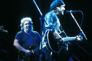 Gerry Garcia and Bob Dylan at the Giants Stadium in New York City during the Dylan and the Dead Tour July 1987. (Photo by robbie jack/Corbis via Getty Images)