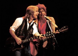 MANSFIELD MA - JULY 1986: Tom Petty and Bob Dylan perform at Great Woods Pavilion in Mansfield MA July 8 1968 (Ron Pownall/Getty Images)