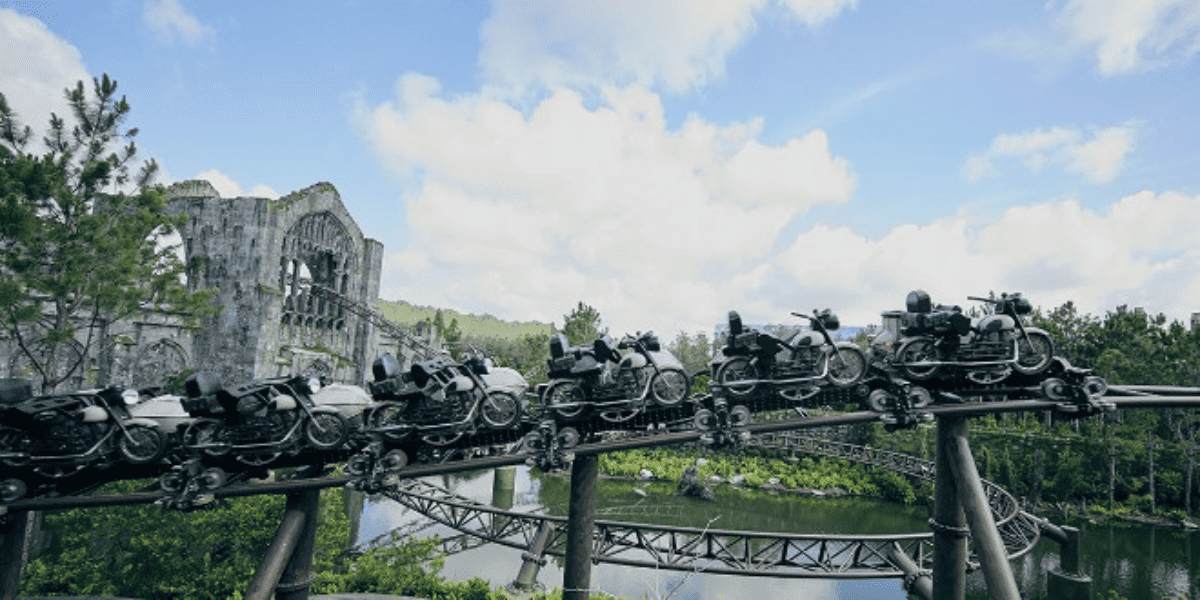 Ride through live trees about Hagrid's creatures motorbike adventure at islands of adventure at universal orlando resort.
